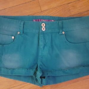 Blue-green teal shorts, raw hem, distressed